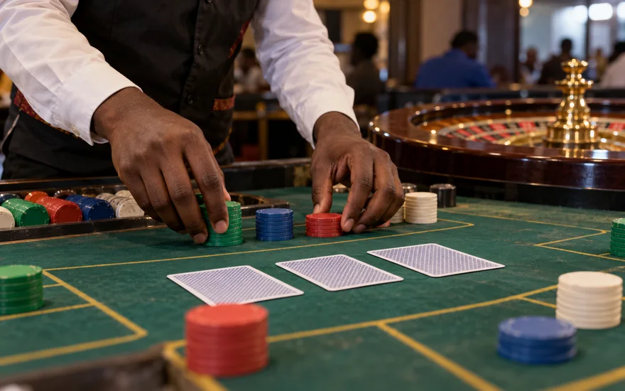 GSB Zambia illustrated with a dealer arranging chips beside face-down cards.