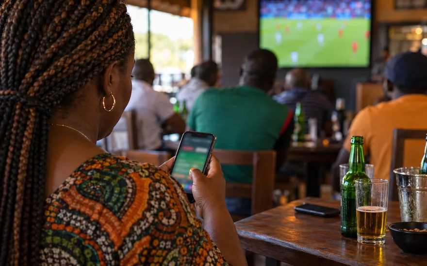 GSB Zambia illustrated by a betting phone in a local sports bar.